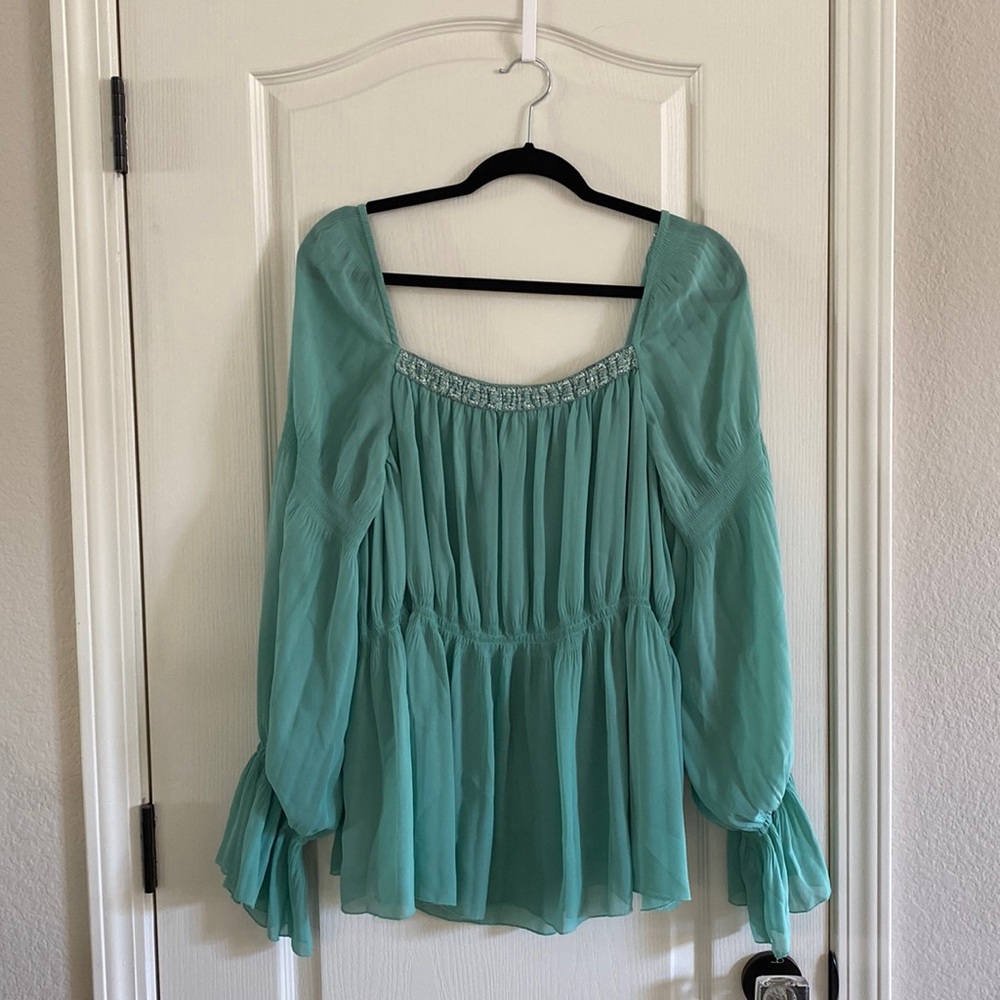 Susan Lucci peasant blouse soft green with beaded detail at neckline